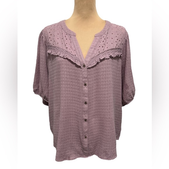 Knox Rose Women’s Size XXL Purple Blouse Eyelet Short Puff Sleeves Button Front. - Picture 3 of 10